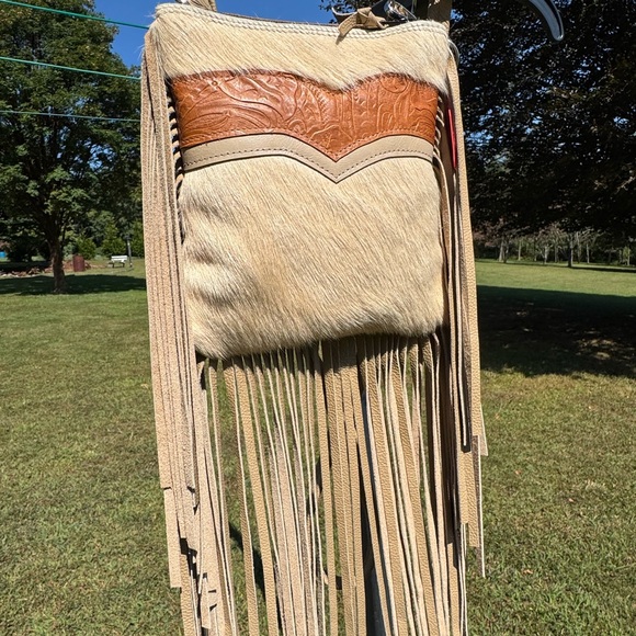 Holy Cow Couture Slingshot - Fringed Blonde Cowhide Leather Crossbody Bag